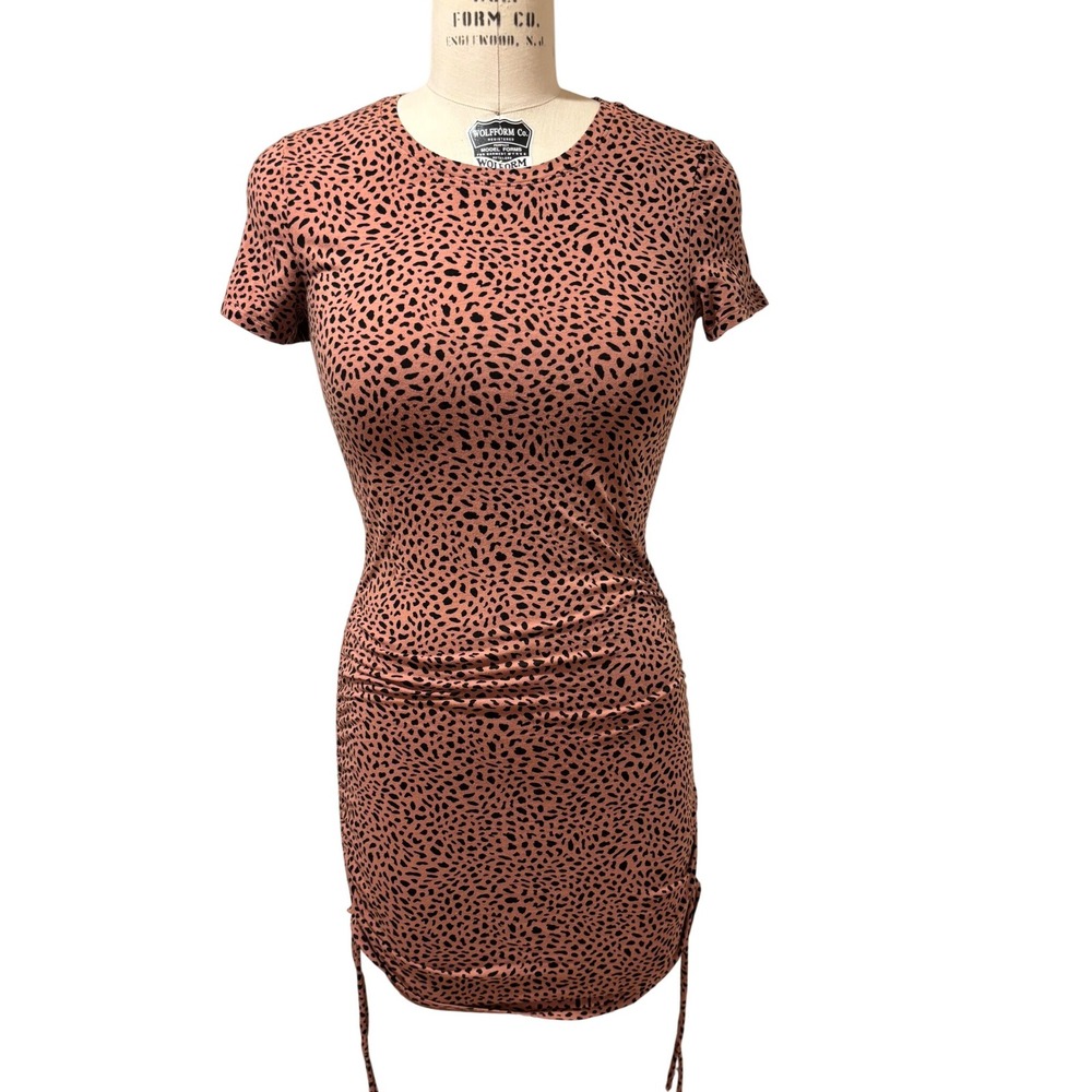 PINK Bodycon Dress Ruched Drawstring Leopard Print‎ Casual Mini Dress S